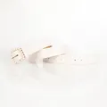 Elegant white leather belt with square pearl-inlaid buckle and golden metal pin detail - White
