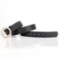 Elegant black PU leather belt for women with pearl and rhinestone encrusted round buckle - Black