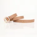 Elegant khaki slim belt for women featuring a gold round buckle with pearl embellishments - Khaki