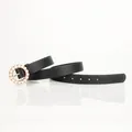Elegant slim black leather belt for women featuring a golden round pearl buckle - Black