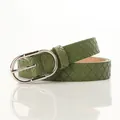 Dark green woven leather belt with oval silver metal buckle for women - Green