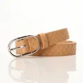 Elegant beige woven PU leather belt for women with a polished silver oval metal buckle - Khaki