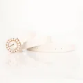 Elegant cream leather belt for women with a round gold buckle featuring pearl accents - White