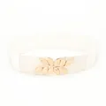 Elastic ivory waist belt for women featuring a detailed golden metal leaf buckle - White
