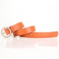 Elegant orange faux leather belt with a round pearl and rhinestone buckle for women - Camel