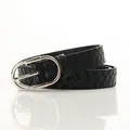 Women's black woven PU leather belt featuring a polished silver oval pin buckle - Black