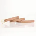 Slim camel leather belt for women with golden D-ring buckle and contrast stitching - Khaki