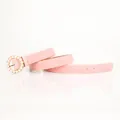 Elegant thin light pink leather belt for women featuring a round gold pearl buckle - Pink