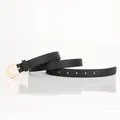 Women's black slim leather belt featuring a classic gold U-shape alloy pin buckle - Black
