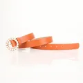 Elegant orange-brown leather belt with round buckle featuring white pearl embellishments - Camel