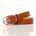 Brown woven PU leather belt with silver oval pin buckle for dresses and jeans - Camel