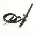 Adjustable black PU leather pet collar with bowknot and leash set with gold hardware - M Collar Length 46cm / Black