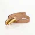 Chic camel leather belt for women with unique segmented gold buckle on white background - Khaki