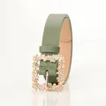 Classic olive green PU leather belt for women featuring a sparkling gold rhinestone buckle - Green