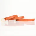 Minimalist orange leather belt for women with elegant light gold metal pin buckle - Camel
