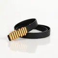 Minimalist black PU leather belt for women with unique ribbed gold metal snap buckle - Black