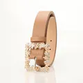 Classic light brown PU leather belt for women featuring a square rhinestone floral buckle - Khaki