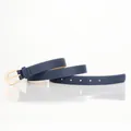 Navy blue slim leather belt for women with elegant golden horseshoe buckle and fine stitching - Navy Blue