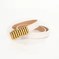 Chic white faux leather belt for women featuring a luxury gold-tone buckle with metal bars - White