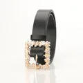 Elegant black PU leather women's belt featuring a gold square buckle with sparkling rhinestones - Black