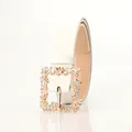 Classic white PU leather belt for women with a gold floral rhinestone pin buckle - White
