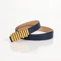 Dark blue skinny leather belt for women with elegant golden multi-pillar buckle - Navy Blue