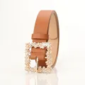 Classic brown faux leather belt for women with a luxury square rhinestone buckle - Camel