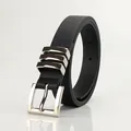 Classic black litchi leather belt with silver square buckle and three metal loops - Black