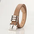 Classic thin light brown leather belt for women featuring a polished silver square buckle - Khaki