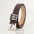 Classic dark brown leather belt for women with silver metal buckle and triple loops - Coffee