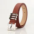 Deep brown leather belt with silver pin buckle and three decorative metal rings - Camel