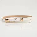 Slim white leather waist belt for women with polished gold alloy pin buckle and double loops - White