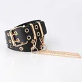 Cinturón punk de cuero PU negro con ojales dorados y cadenas metálicas dobles - Estilo Cadena con Gancho / Negro