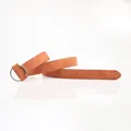 Vintage brown nubuck PU leather belt for women with a round silver metal buckle - Camel