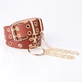 Punk style dark brown faux leather belt with double grommets and golden chain - Large Ring Chain Style / Camel