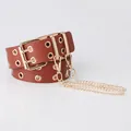 Punk style brown PU leather belt with gold double eyelets and detachable metal chains - Hook Chain Style / Camel