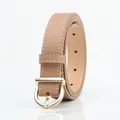 Classic camel faux leather belt for women with gold buckle and white contrast stitching - Khaki