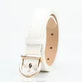 Slim white faux leather belt for women featuring a round light gold metal pin buckle - White