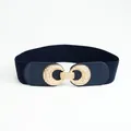 Elastic wide navy blue waist belt for women with elegant golden metal interlocking buckle - Navy Blue