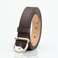 Classic dark brown faux leather belt with a golden horseshoe buckle and stitching - Coffee