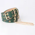 Cinturón punk de cuero verde oscuro con filas dobles de ojales y cadenas doradas - Estilo Cadena con Gancho / Verde