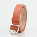 Chic tan faux leather belt with a circular gold buckle and neat stitching details - Camel