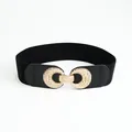 Elastic wide black belt for women with a textured golden interlocking ring buckle - Black
