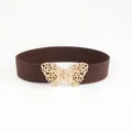 Cinturón ancho elástico marrón para mujer con hebilla de mariposa de metal dorado - Café