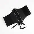 Women's vintage black corset belt with criss-cross lacing and elastic stretch band - Black