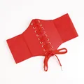 Elastic wide red corset belt with front lace-up leather panel and silver metal eyelets - Red