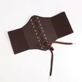 Vintage coffee brown elastic wide waist belt with lace-up corset design and silver eyelets - Coffee