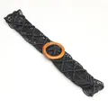 Ethnic bohemian black handmade woven belt for women with round dark wood buckle - Black