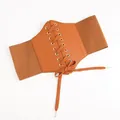 Vintage brown elastic wide waist belt for women with lace-up front and metal eyelets - Camel