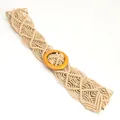 Ethnic handmade macrame waist belt with beige woven pattern and yellow wooden buckle - Khaki